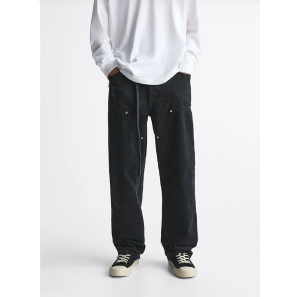 Zara The Worker Black Denim Jeans Button Fly Belted Double Knee Streetwear